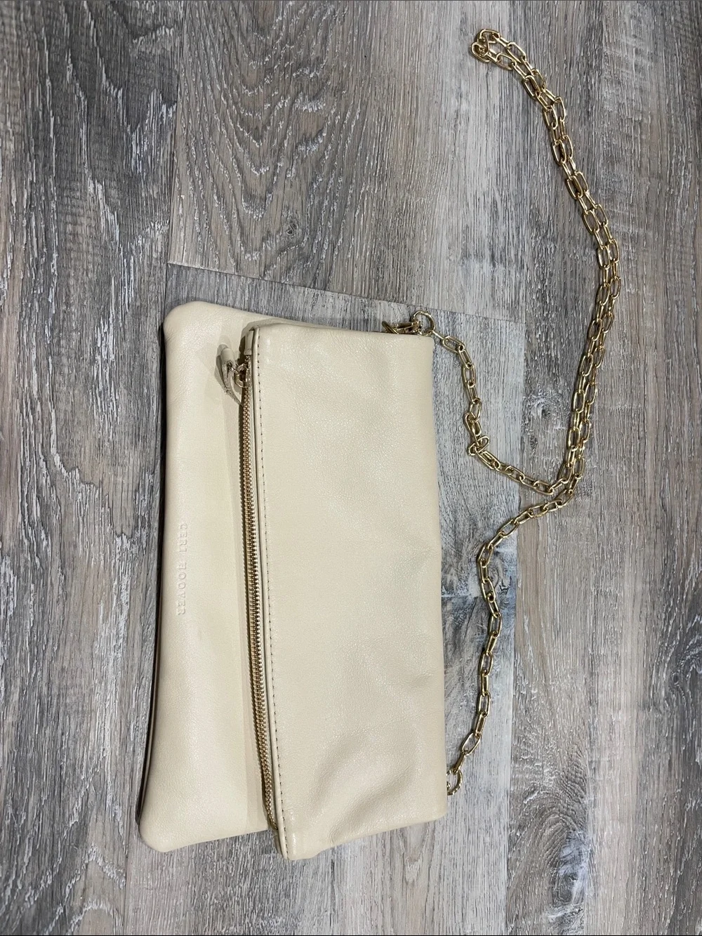 Cheri Hoover Cream Leather Clutch with Gold Chain Strap